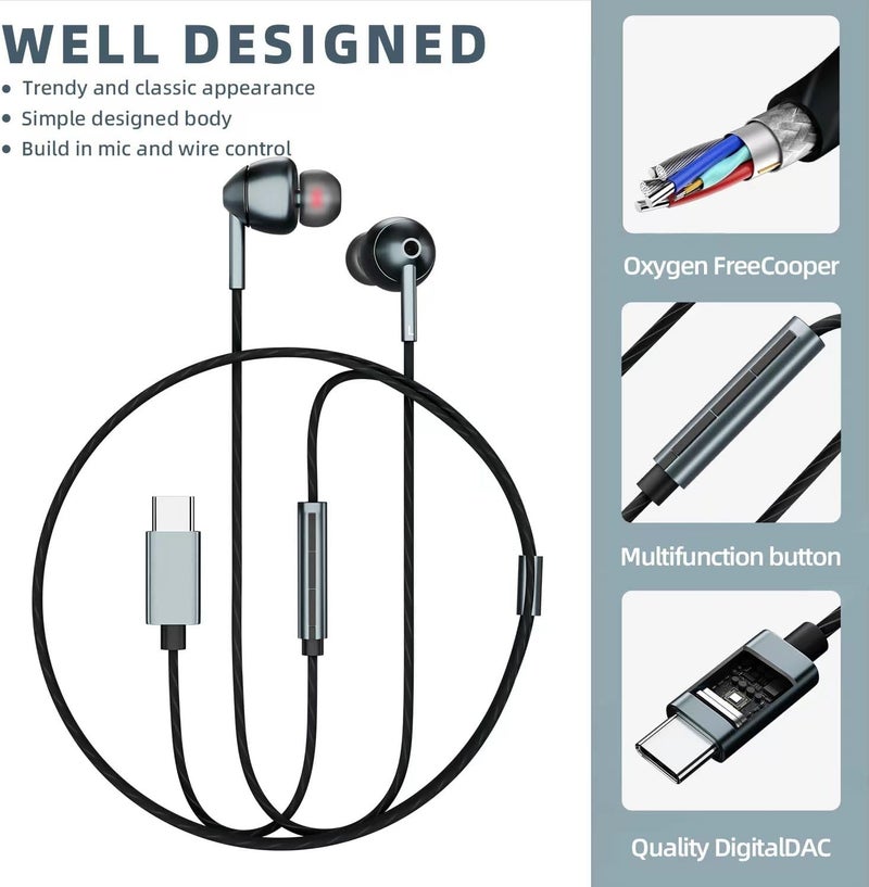 MAXAUX USB-C Wired Earbuds with Microphone, Volume Control, Noise Canceling, Compatible with Samsung Galaxy S24 S23 S22, iPhone 17 16 15 Pro Pro max, Pixel Phones - Image 5